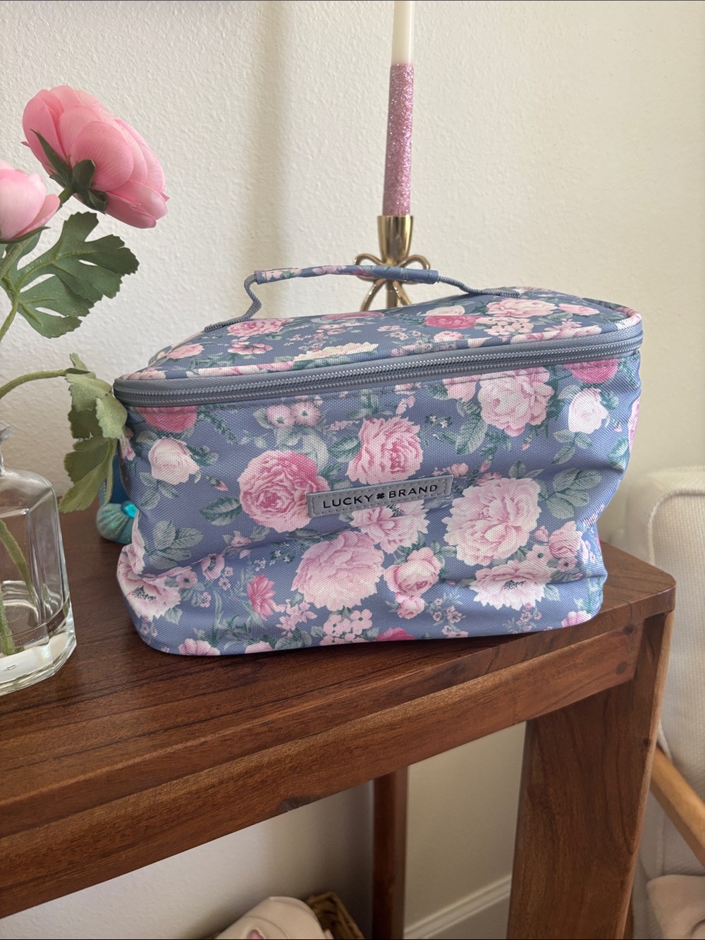 Lucky Brand Blue Floral lunch  Bag with Pink Rose Print comes with Tupperware